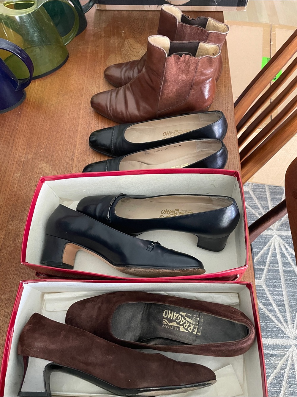 Salvatore Ferragamo Brown Suede Ankle Boots and Black Leather Heels Set 4 pairs